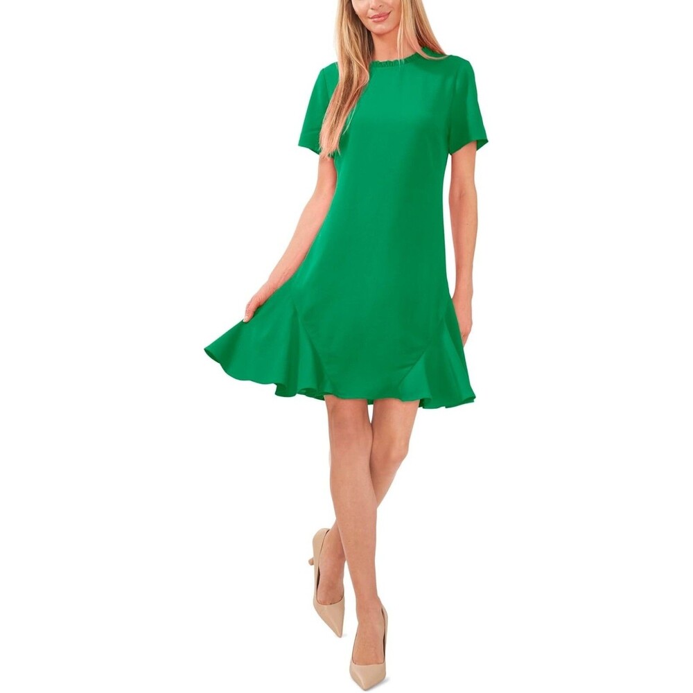 CECE Ruffle Neck Godet Dress 4 Short Sleeve Lush Green Crepe Mini NWT B9